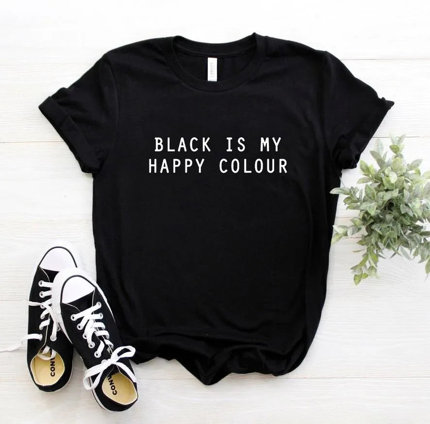 Women’s Black Is My Happy Colour T-Shirt – Short Sleeve O-Neck Loose Casual Tee