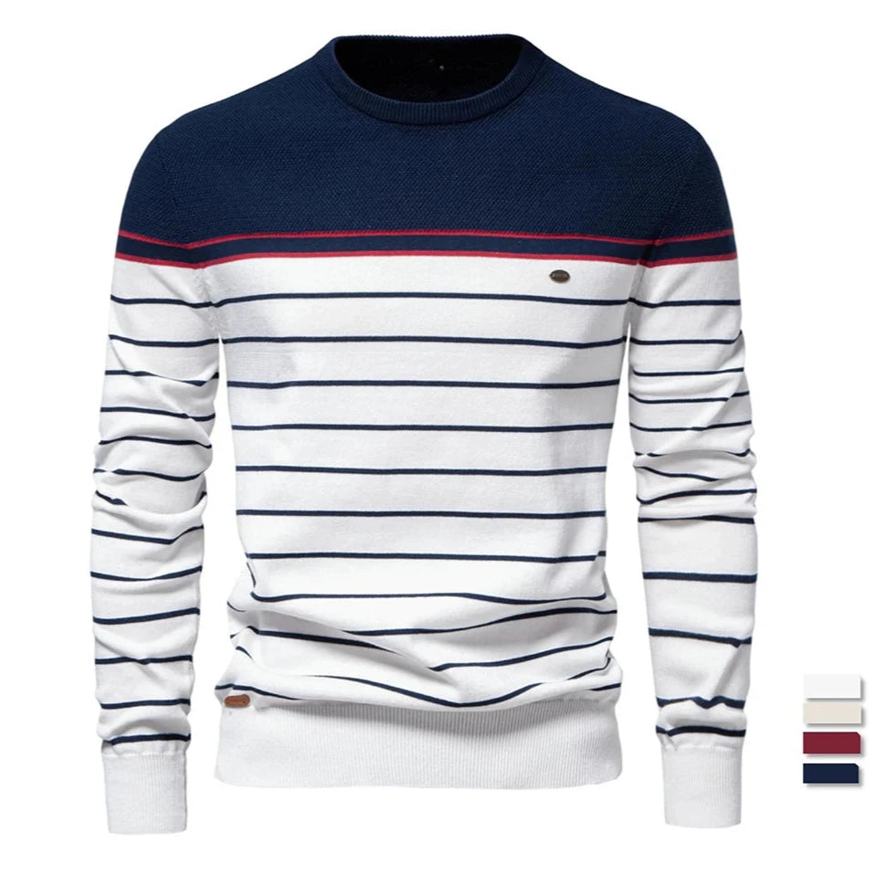 Men's Striped O-Neck Cotton Pullover Sweater - Casual Autumn/Winter Knitwear