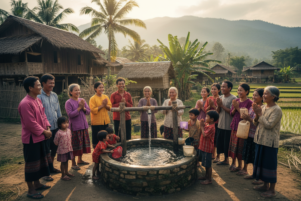 a complete water well in Asia and people being very thankful for it